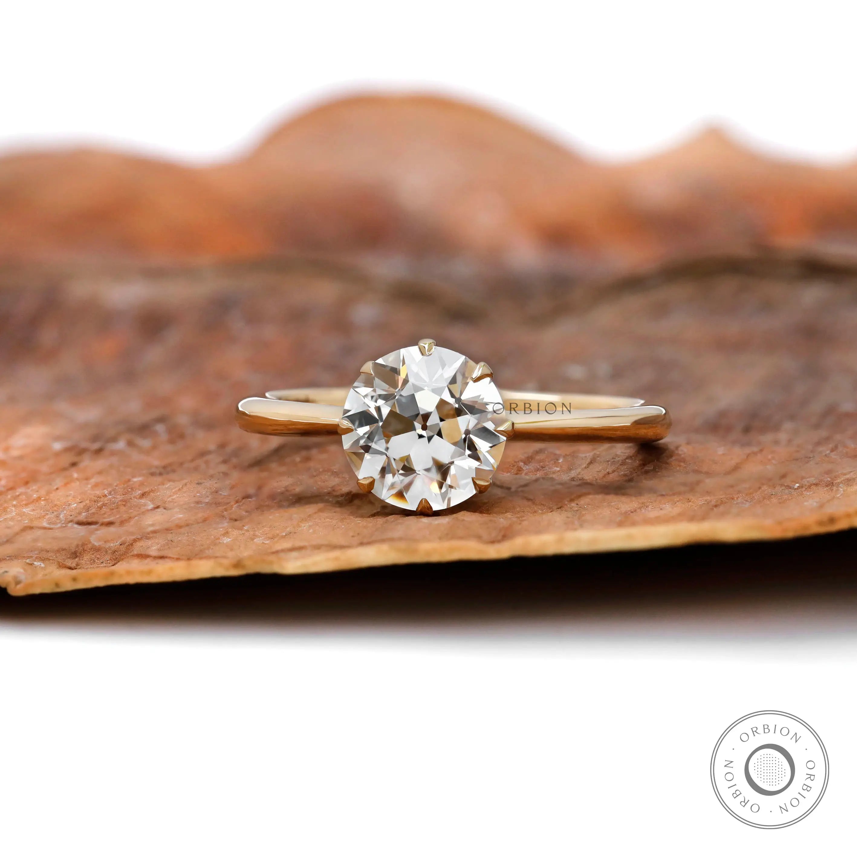 Round old european cut lab grown diamond solitaire engagement ring in 18k yellow gold