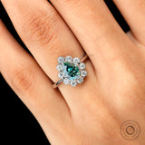 Pear Blue Green Moissanite Halo Ring, Cluster Engagement Ring, Old Mine Cut Ring, 14K Solid White Gold Ring, Teal Moissanite Cluster Ring