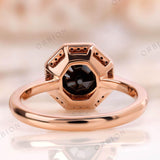 Modern Octagon Black Moissanite Ring - Chic Halo Rose Gold Ring, Elegant Claw Prong Black Stone Ring - 14K Rose Gold OEC Ring