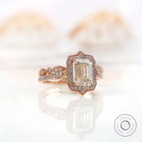 Emerald Cut Moissanite Engagement Ring Set, Art Deco Ring Set, 14K Yellow Gold Halo Ring Set, Vintage-Inspired Milgrain Stacking Band