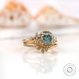 OEC Blue Green Moissanite Art Nouveau Ring Set, Smooth Matte Finish Vintage Style Leaf Motif Bridal Ring Set, Nature Inspired Wedding Rings