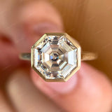 Asscher Cut Moissanite Ring, Asscher Engagement Ring, Octagon Ring Gold, Asscher Bezel Ring, Satin Finish Cathedral Yellow Gold Ring