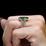 OMC Elongated Cushion Dark Green Moissanite Ring With Matching Bands, 14k Yellow Gold Statement Rings, Unique Style Three Pc Bridal Ring Set