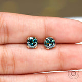 6 MM Old European Cut Blue-Green Moissanite Studs, Triple Claw Prong Studs, Tiny Vintage Style Statement Earrings, 14k Solid Yellow Gold