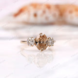 Old Cut Three Stone Ring, Oval Champagne Moissanite Ring, Three Stone Vintage Ring, Old Mine Cut Ring, OEC Side Stones Ring, Georgian Ring