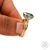 Elongated Cushion Dark Blue Green/Cyan Moissanite Starburst Ring Set, Tulip Engagement Ring With Matching Celestial Band, 18K Yellow Gold