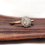 Round Lab Grown Diamond Halo Engagement Ring in 14k Yellow Gold Elegant Sunburst Diamond Ring Handcrafted Cathedral Shank Halo Blossom Ring