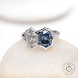 Deep Blue Elongated OMC Moissanite Toi Et Moi Ring, Double Stone Ring, Two Stone Engagement Ring, Antique Bezel 14K White Gold Ring