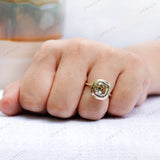 Double Bezel Champagne Moissanite Ring 14k Yellow Gold OMC Elongated Cushion Large Stone Ring Women Color Moissanite Wedding Promise Ring