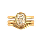 Champagne Shallow Old Mine Cut Moissanite Double Shank Ring With Matching Curved Band in 18k Yellow Gold, Wedding Ring Set