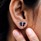 Butterfly Stud Earrings, Blue Sapphire & Lab Grown Diamond Earrings, White Gold Earrings, Push/Screw Back Stud Earrings, Insect Earrings
