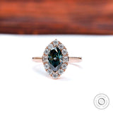 Bold and Beautiful Dark Blue Green Marquise Moissanite Ring - Stunning Rose Gold Cluster Ring for Her, Elegant Rose Gold Engagement Ring