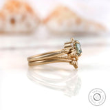 OEC Blue Green Moissanite Art Nouveau Ring Set, Smooth Matte Finish Vintage Style Leaf Motif Bridal Ring Set, Nature Inspired Wedding Rings