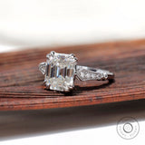 Art Deco Moissanite Ring, Emerald Cut Engagement Ring, 14k White Gold Ring, Double Claw Prong Ring, Milgrain Ring Gold, Cathedral Rings