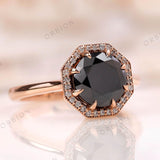 Modern Octagon Black Moissanite Ring - Chic Halo Rose Gold Ring, Elegant Claw Prong Black Stone Ring - 14K Rose Gold OEC Ring