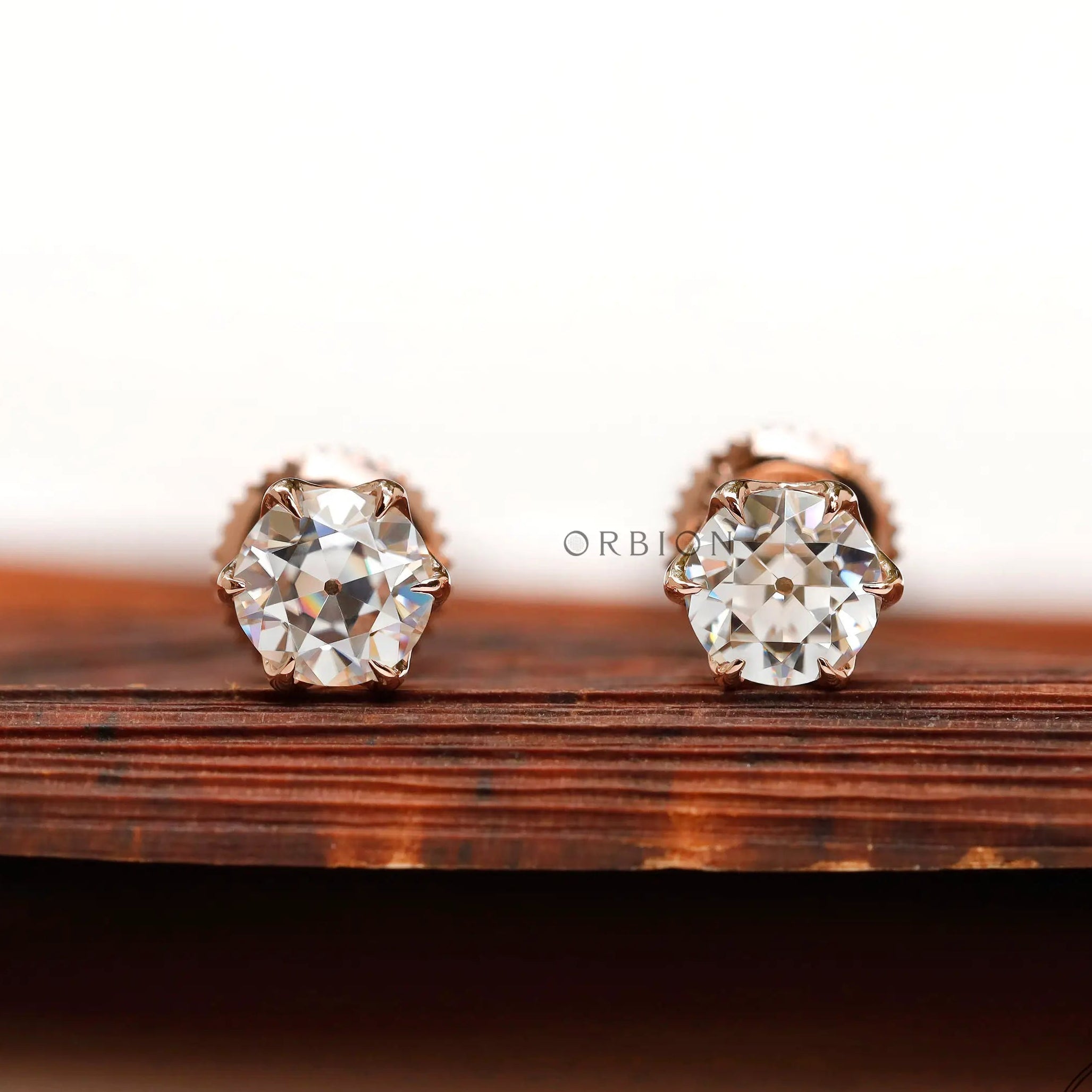 Front view old European cut moissanite stud earrings