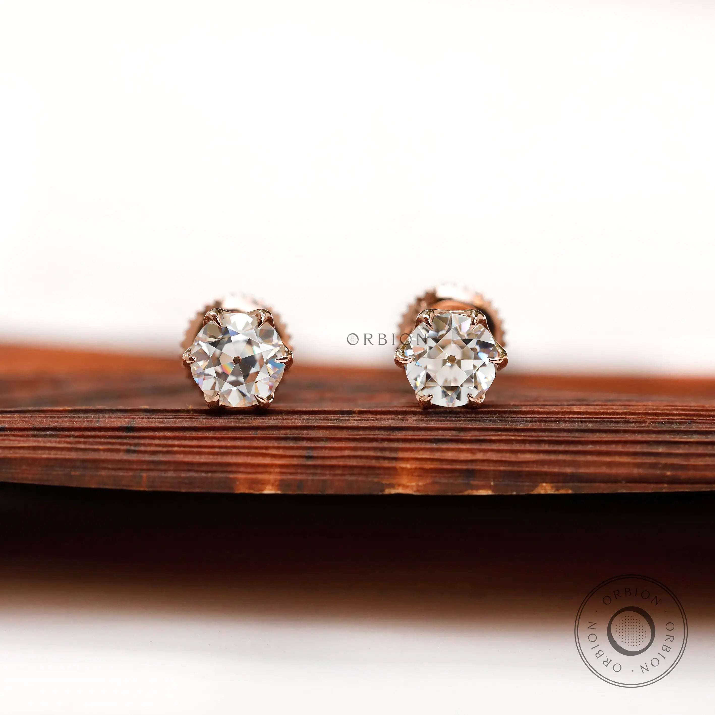 Front view old European cut moissanite stud earrings
