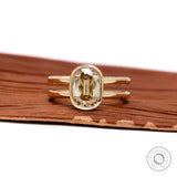 Front view elongated cushion champagne moissanite bezel ring gold