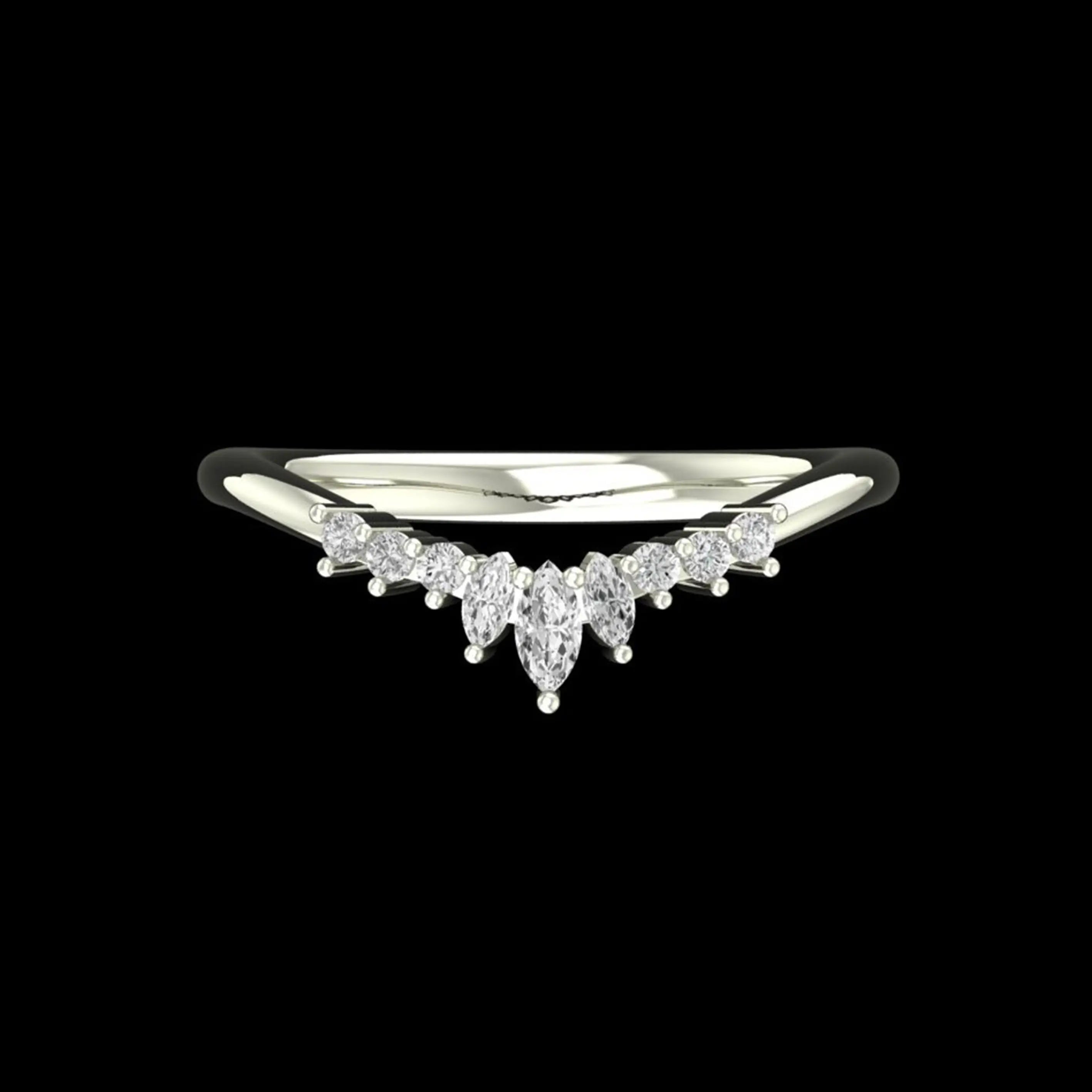Front view of chevron wedding band with marquise and round stones
