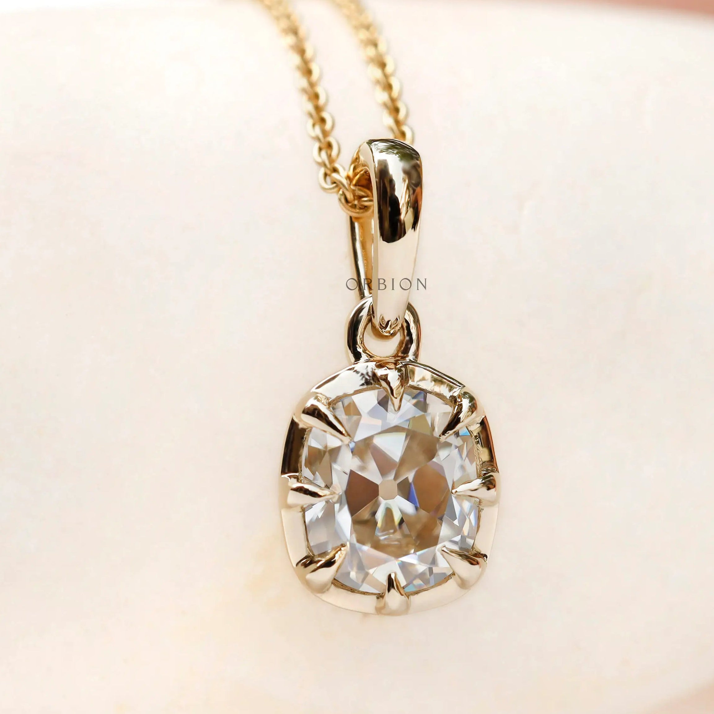 Front view Georgian old mine cut moissanite pendant yellow gold