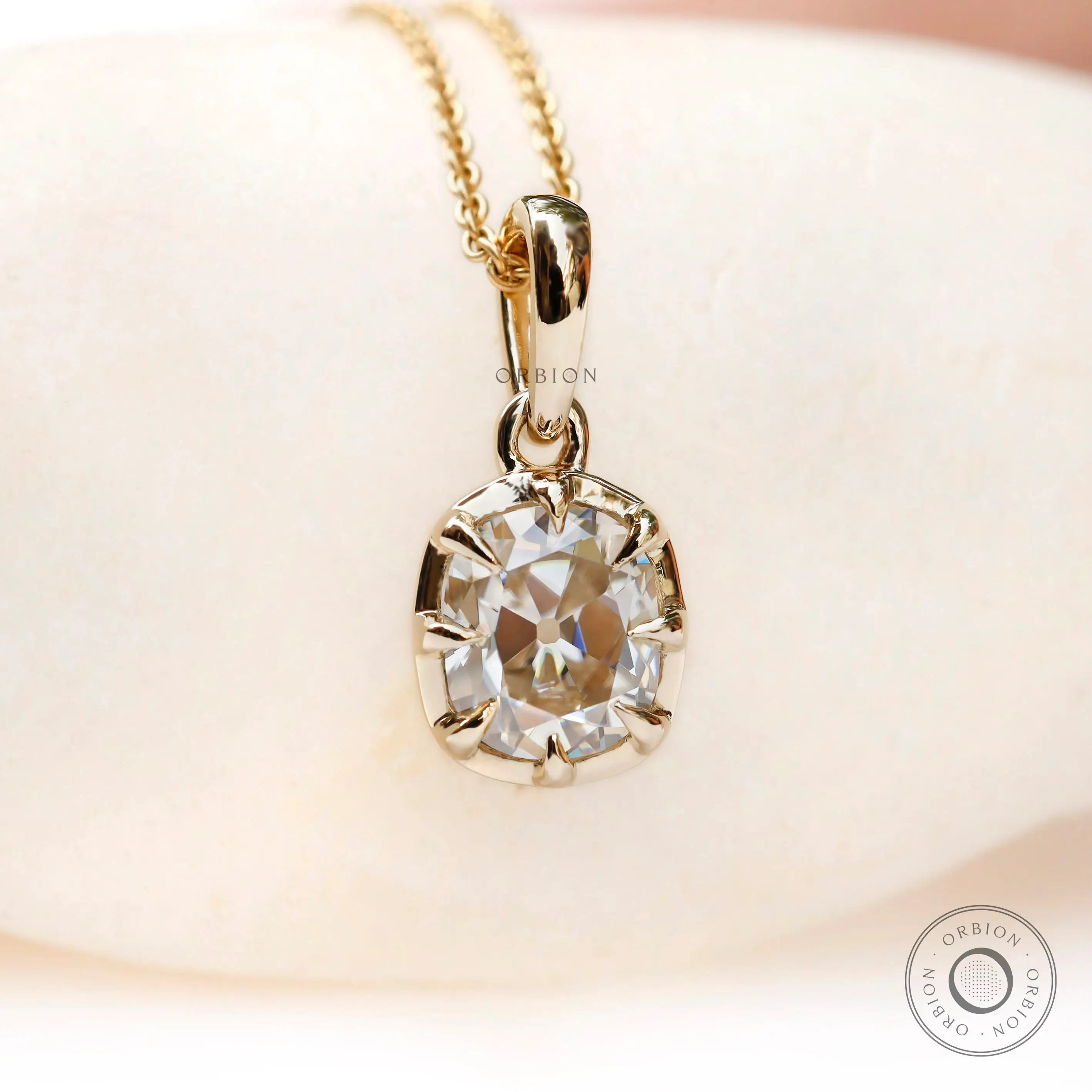Front view Georgian old mine cut moissanite pendant yellow gold