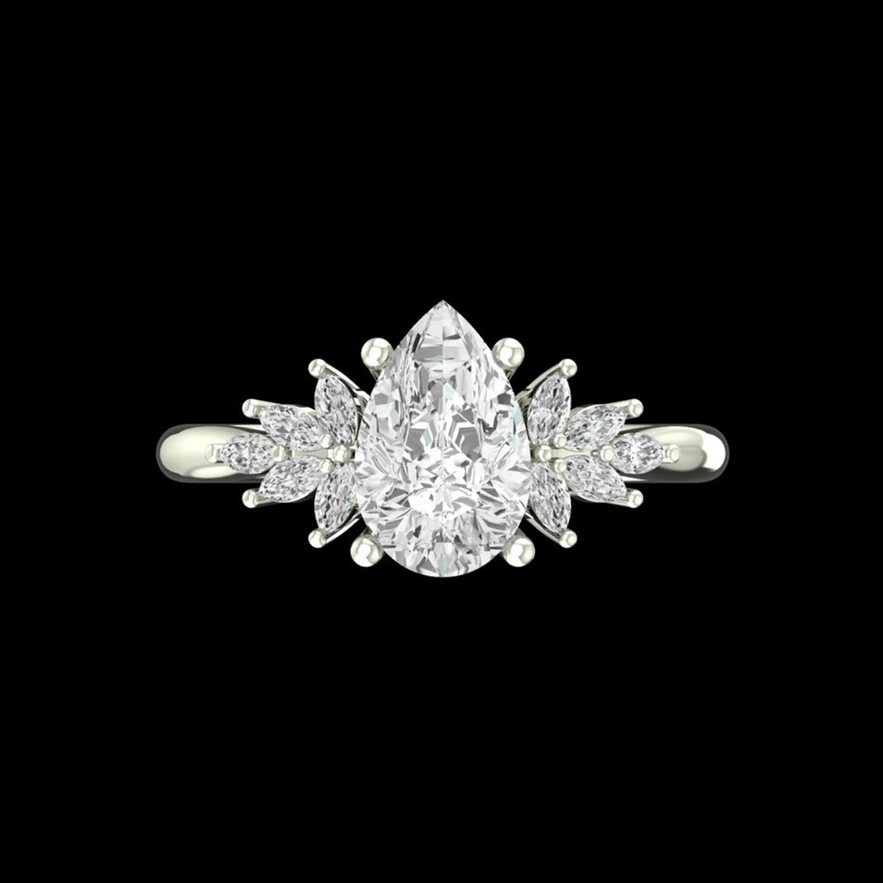 Front view of pear moissanite ring with marquise clusters