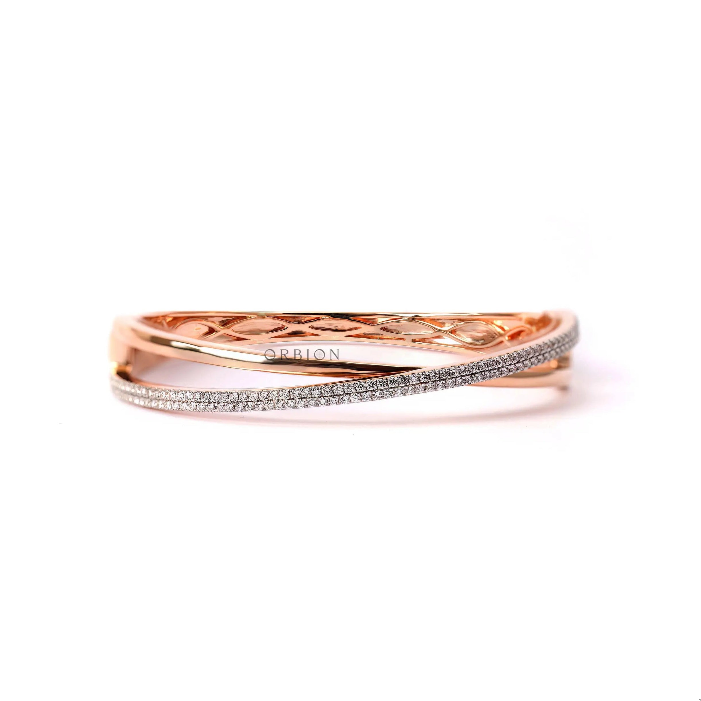 Front view lab grown diamond crossover bangle bracelet rose gold