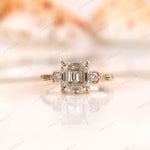 Floral engraved three stone asscher cut moissanite ring in gold