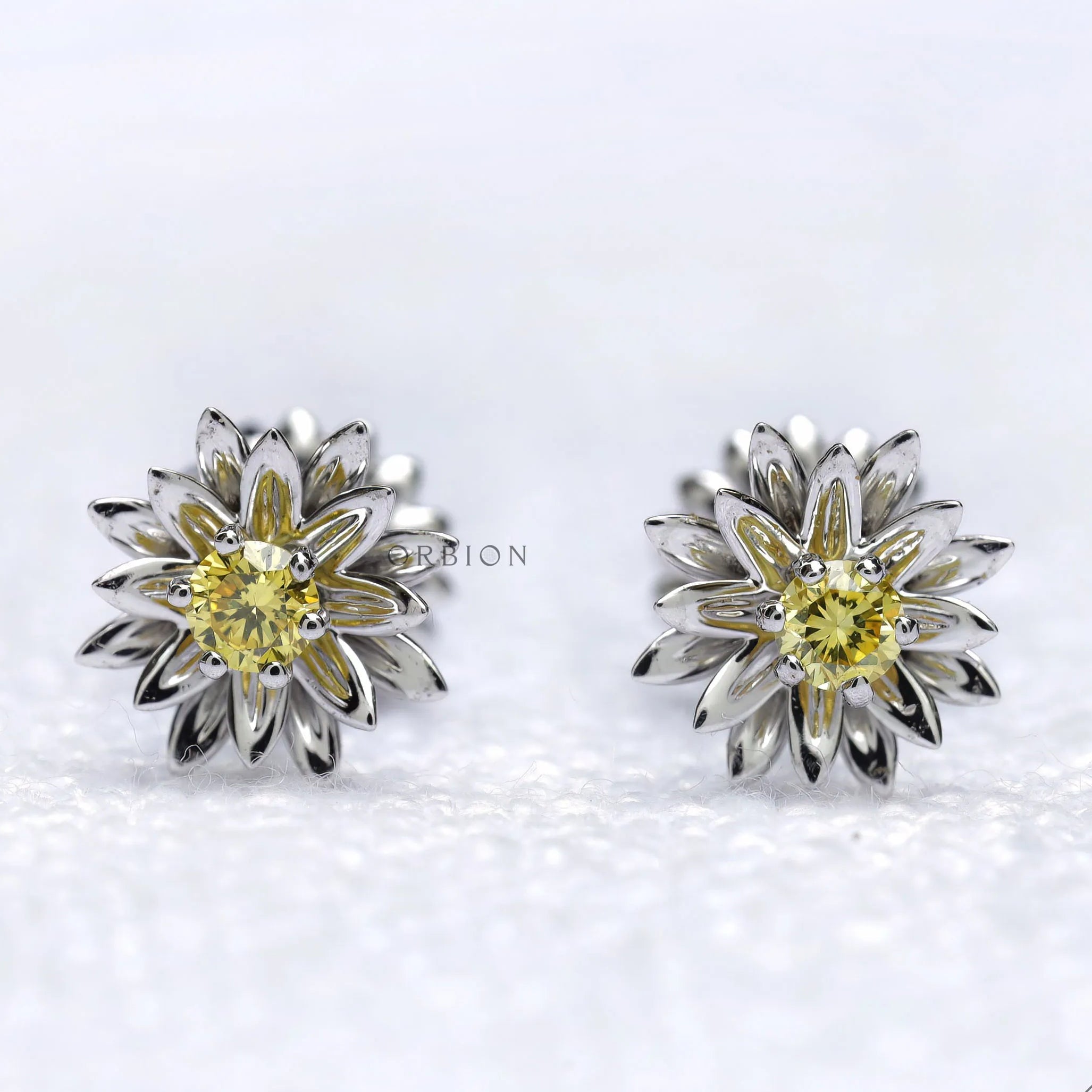 Lotus flower stud earrings with yellow lab diamond center stone