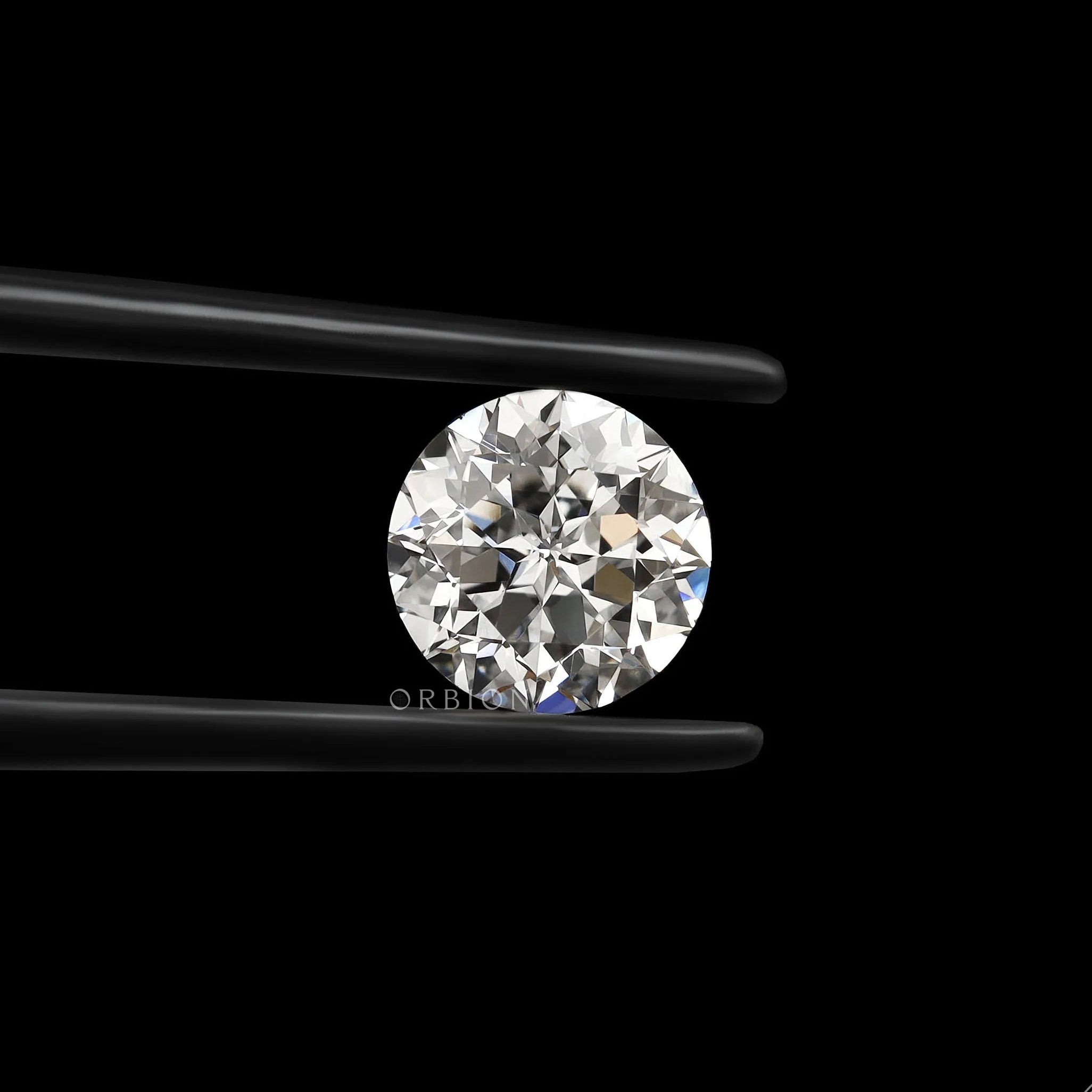 Round nova cut loose lab diamond held in black tweezers on black background