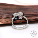 Deep Blue Elongated OMC Moissanite Toi Et Moi Ring, Double Stone Ring, Two Stone Engagement Ring, Antique Bezel 14K White Gold Ring