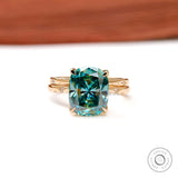 Elongated Cushion Dark Blue Green/Cyan Moissanite Starburst Ring Set, Tulip Engagement Ring With Matching Celestial Band, 18K Yellow Gold