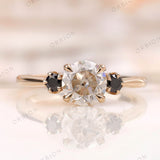 Three Stone Engagement Ring, Three Stone Moissanite Ring, OEC Moissanite Ring, Black And White Stone Ring, 14k Gold Vintage Ring