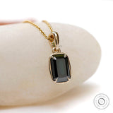 1.8 CT Emerald Cut Dark Green Black Moissanite Pendant, Solid Yellow Gold Basket Set Pendant, Glossy Finish Chunky Pendant, Dainty Pendant
