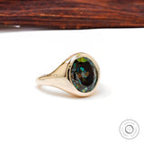 OMC Oval Blue Green Moissanite Signet Ring, 14K Yellow Gold Chunky Ring, Unique Statement Ring For Women, Color Stone Engagement Rings
