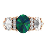 10K/14K/18K Solid Rose Gold Blue Green 3 Stone Engagement Ring, Side Grey Oval Rose Cut Moissanite Wedding Ring, Wedding Ring, Bridal Ring