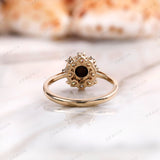 Vintage Black Round Cut Moissanite Floral Engagement Ring, Unique Black Diamond Halo Wedding Promise Ring, Old European Cut Moissanite Ring