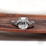 Art Deco Moissanite Ring, Emerald Cut Engagement Ring, 14k White Gold Ring, Double Claw Prong Ring, Milgrain Ring Gold, Cathedral Rings