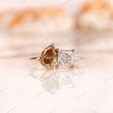 Toi Et Moi Double Stone Engagement Ring Two Stone 14k Yellow Gold Ring Pear Champagne & Princess Moissanite Ring You And Me Ring For Women
