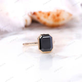 Emerald Cut Black Moissanite Ring, Bezel Set Ring, Step Cut Engagement Ring, Black Stone Ring, Cathedral Rings, 14k Yellow Gold Ring