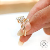 Oval Cut Moissanite Bridal Ring Set, Moissanite Cluster Engagement Ring With Matching Curved Band, Vintage Chevron Style Band Ring Set