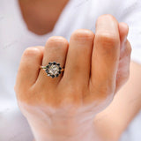 Black And White Halo Moissanite Floral Engagement Ring 14k Yellow Gold Old European Cut Cluster Wedding Ring Flower Shaped Rings