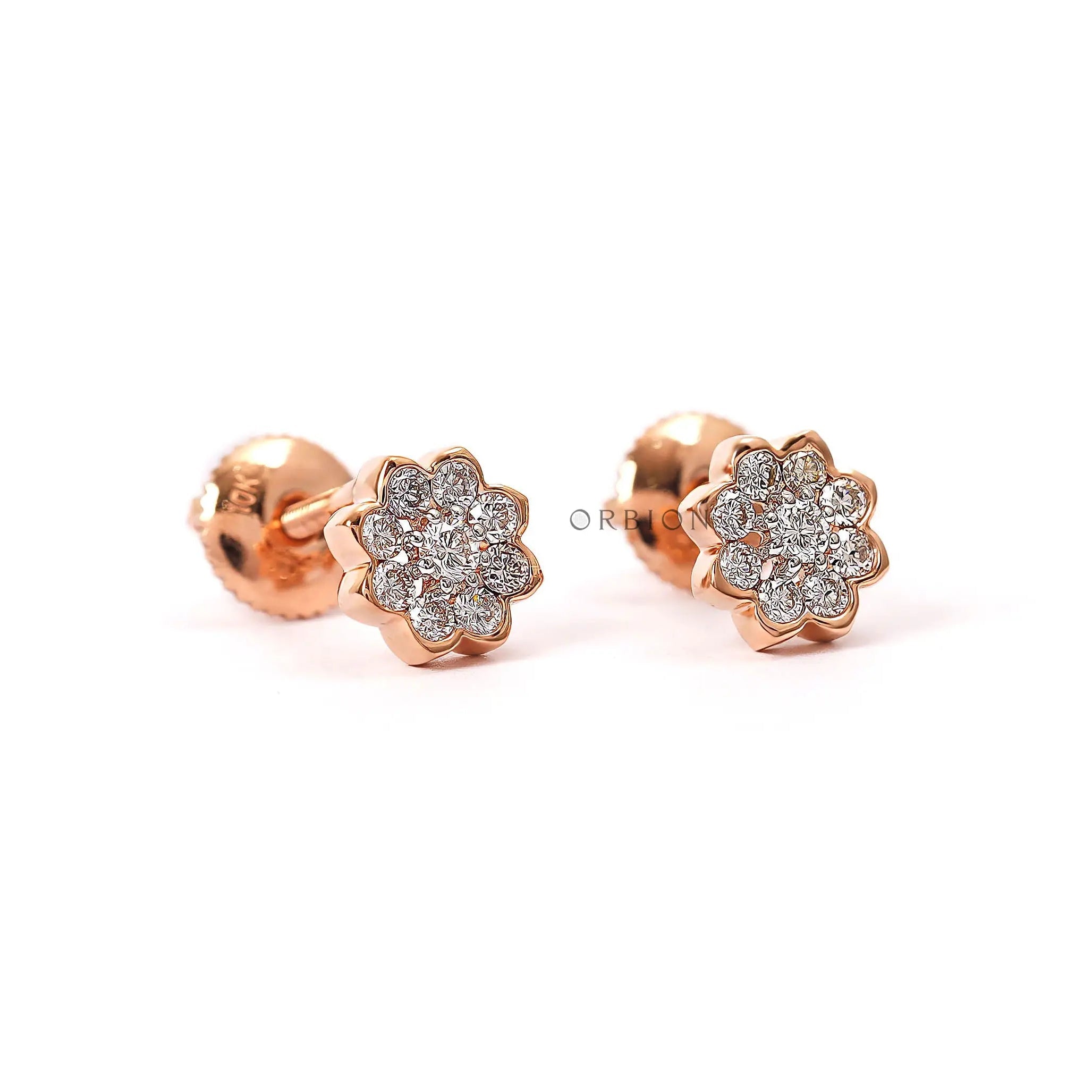 Angle view rose gold floral cluster diamond stud earrings
