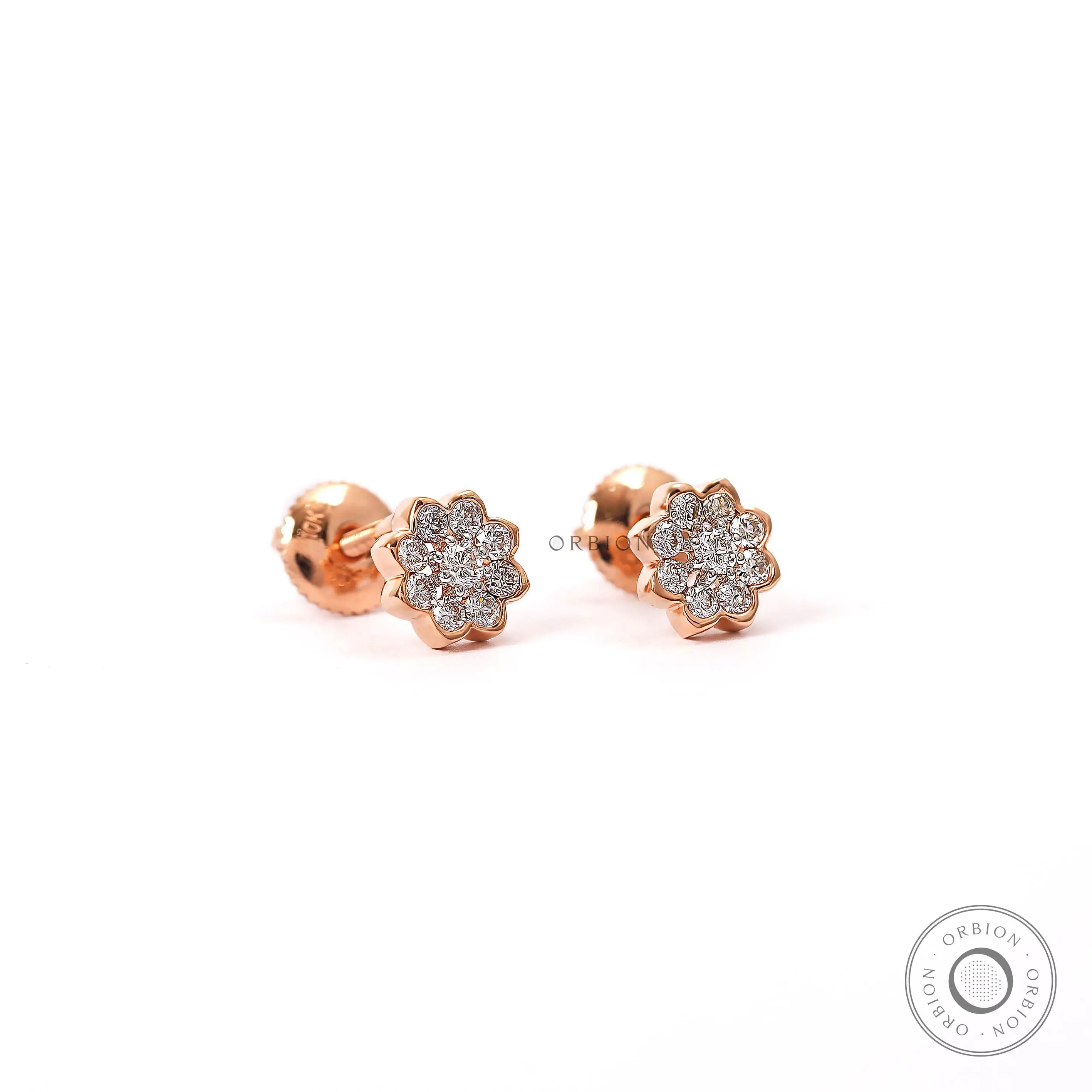 Angle view rose gold floral cluster diamond stud earrings