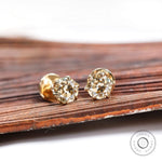 Angled view OEC champagne moissanite stud earrings yellow gold