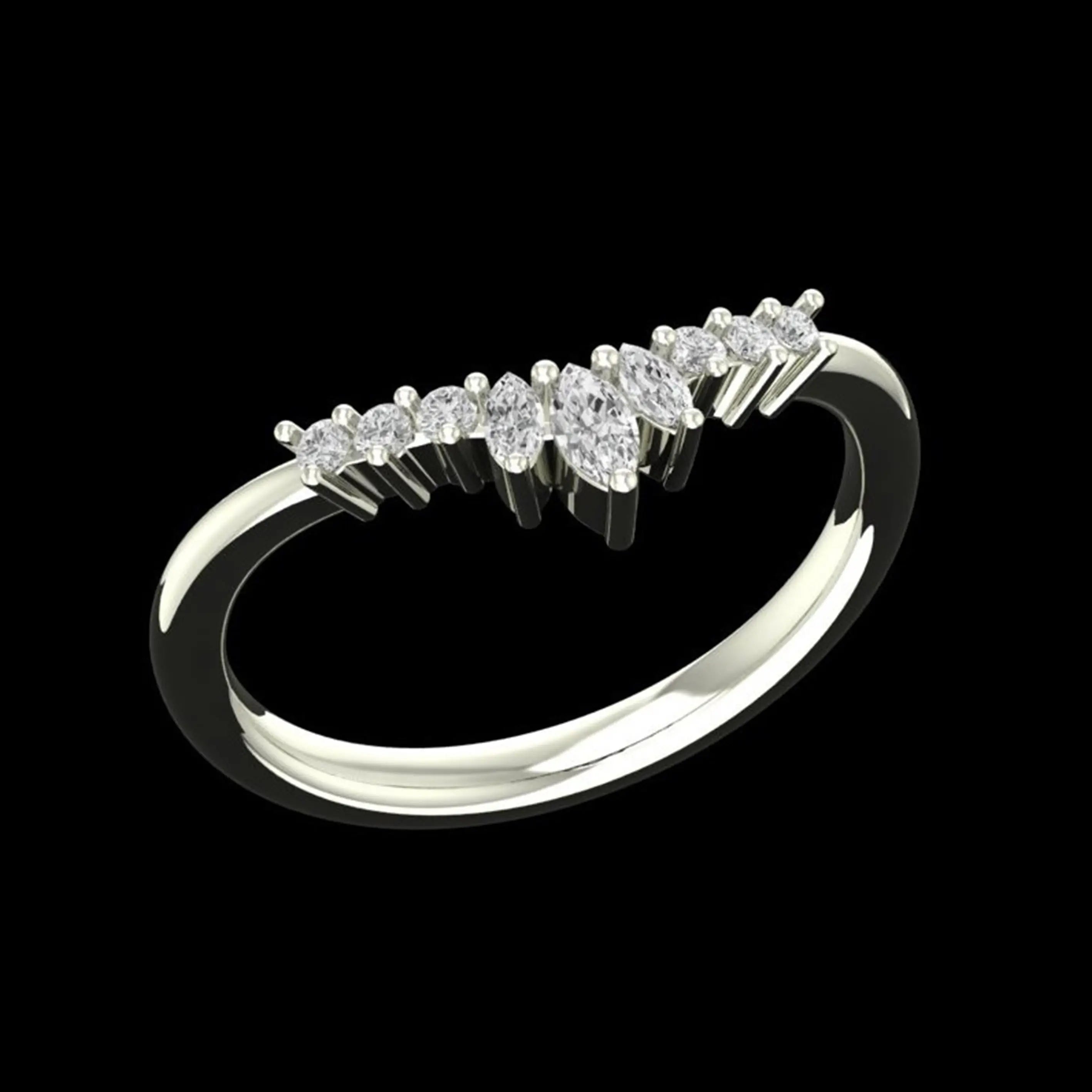 Angled view of chevron marquise and round stone wedding band