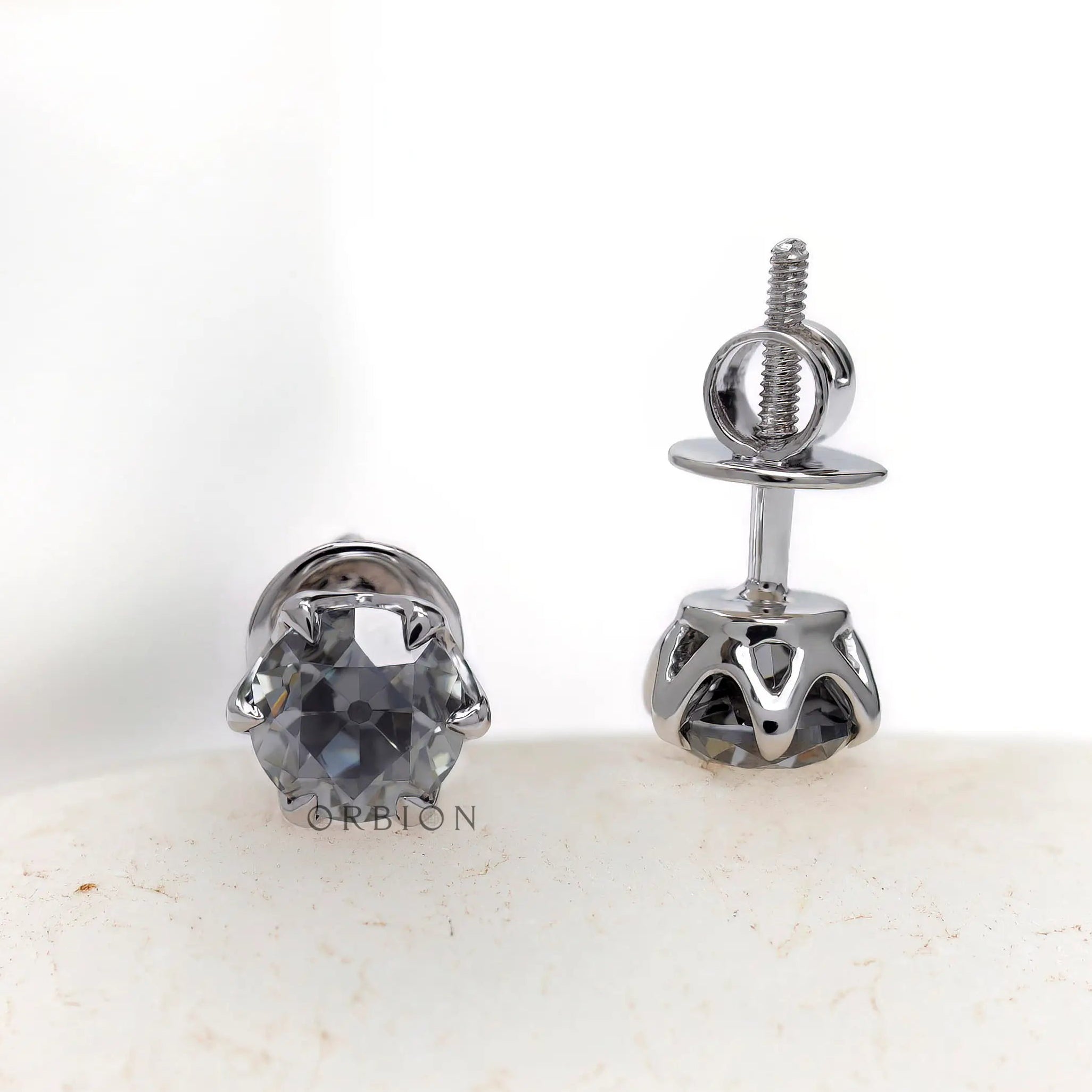 Side profile OEC grey moissanite claw prong stud earrings