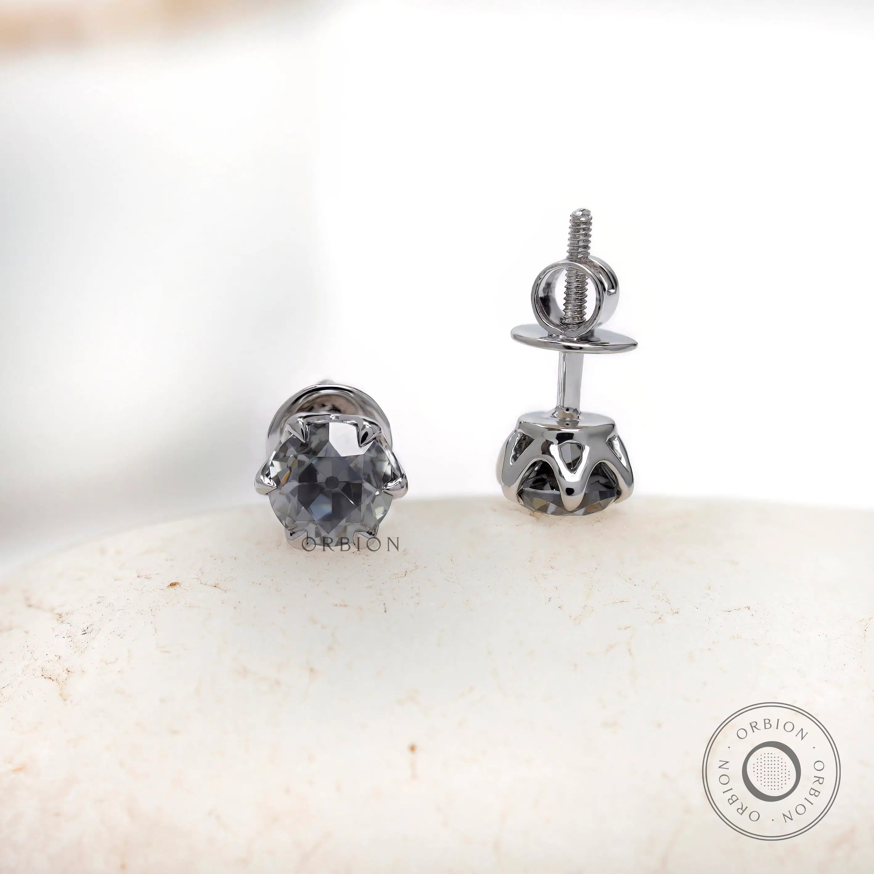 Side profile OEC grey moissanite claw prong stud earrings