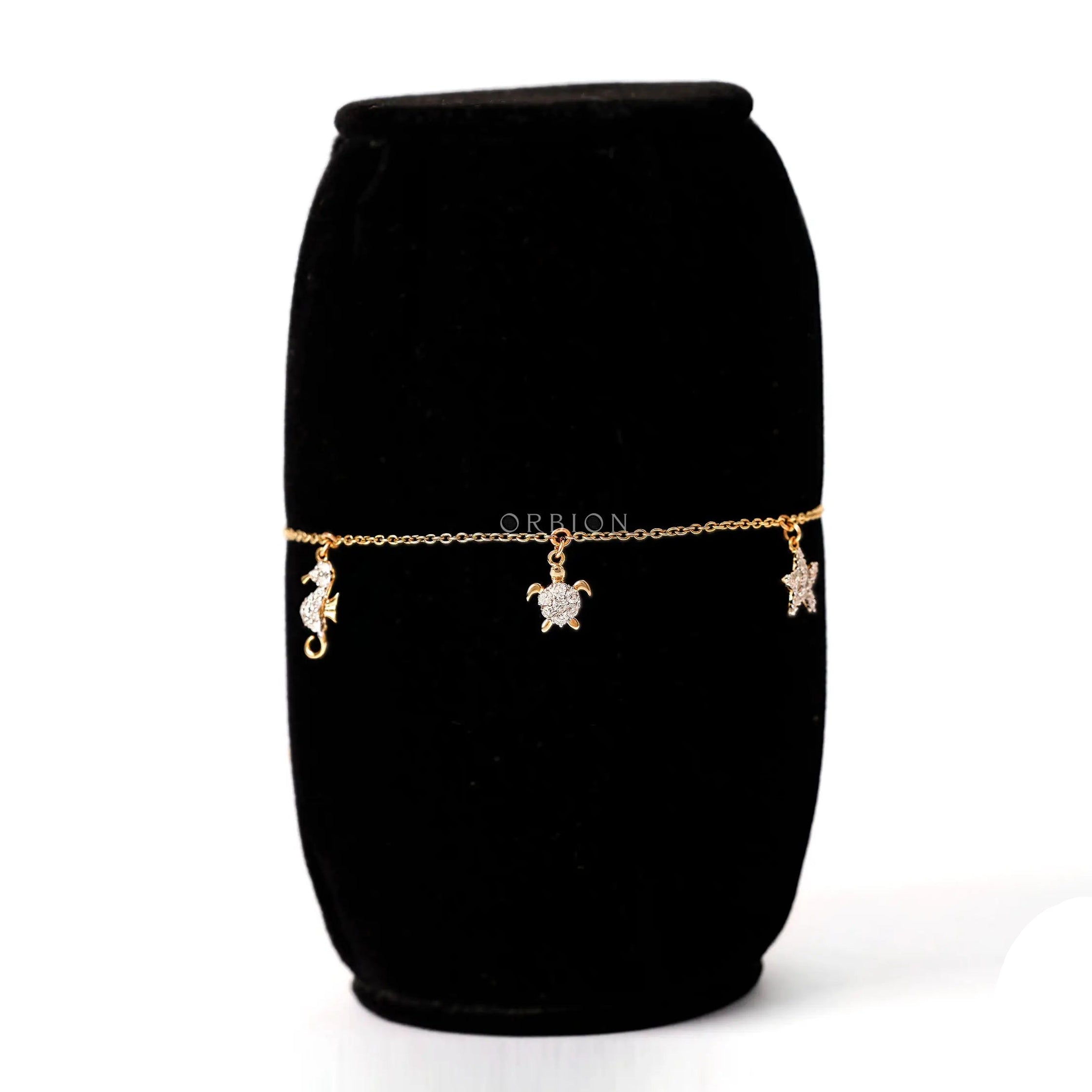 Front view lab diamond ocean charm bolo bracelet yellow gold