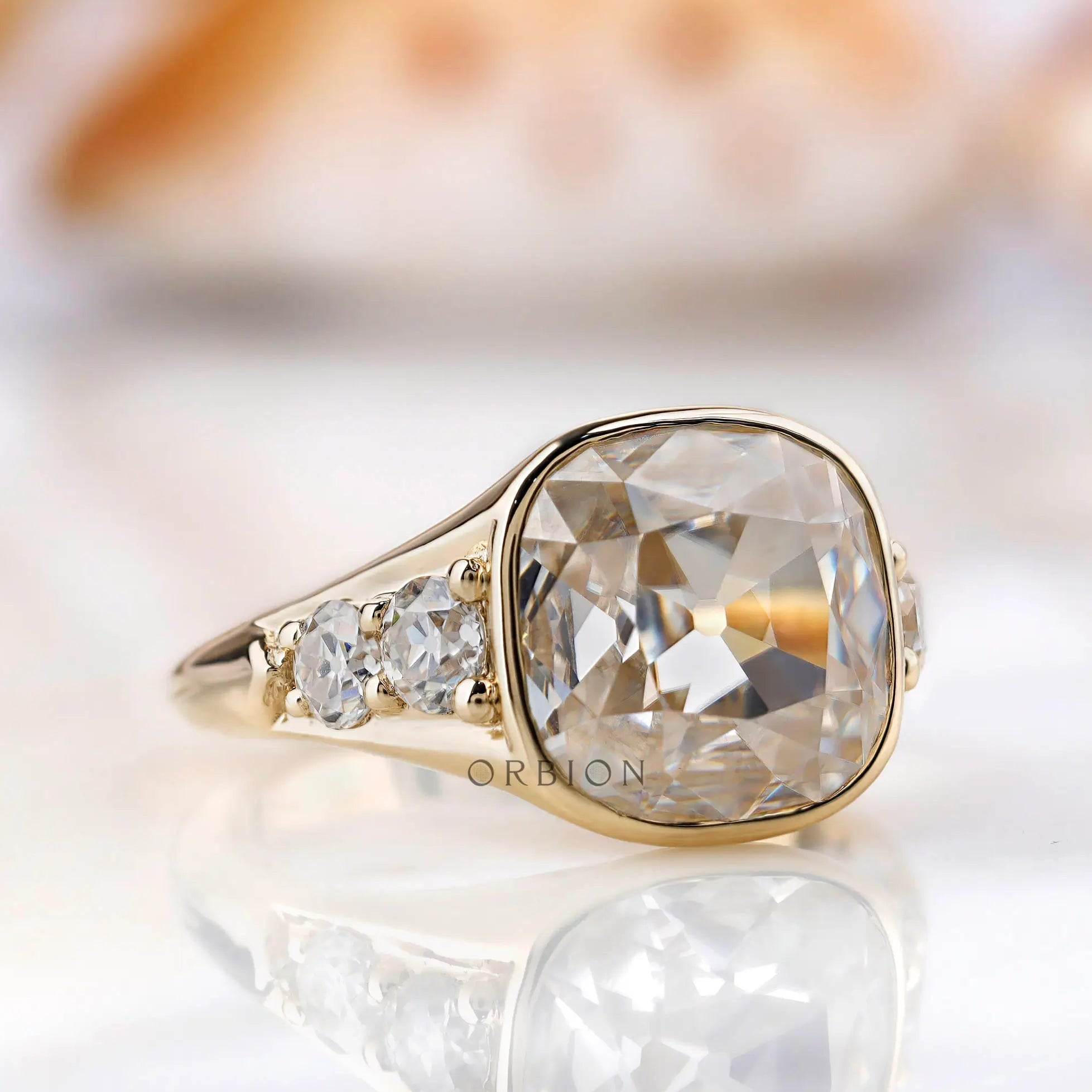 OMC cushion moissanite chunky ring angled front perspective